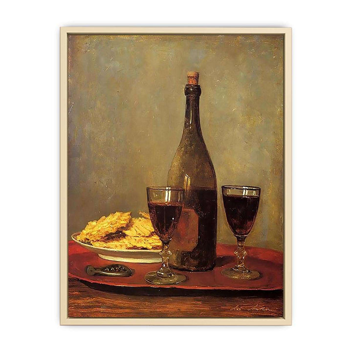 Still Life: Two Glass of Red Wine, a Bottle of Wine; a Corkscrew and a Plate of Biscuits on a Tray  Art Print