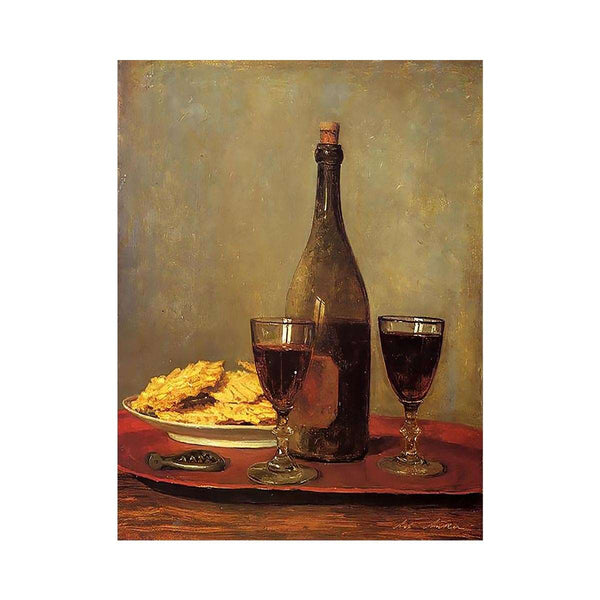 Still Life: Two Glass of Red Wine, a Bottle of Wine; a Corkscrew and a Plate of Biscuits on a Tray
