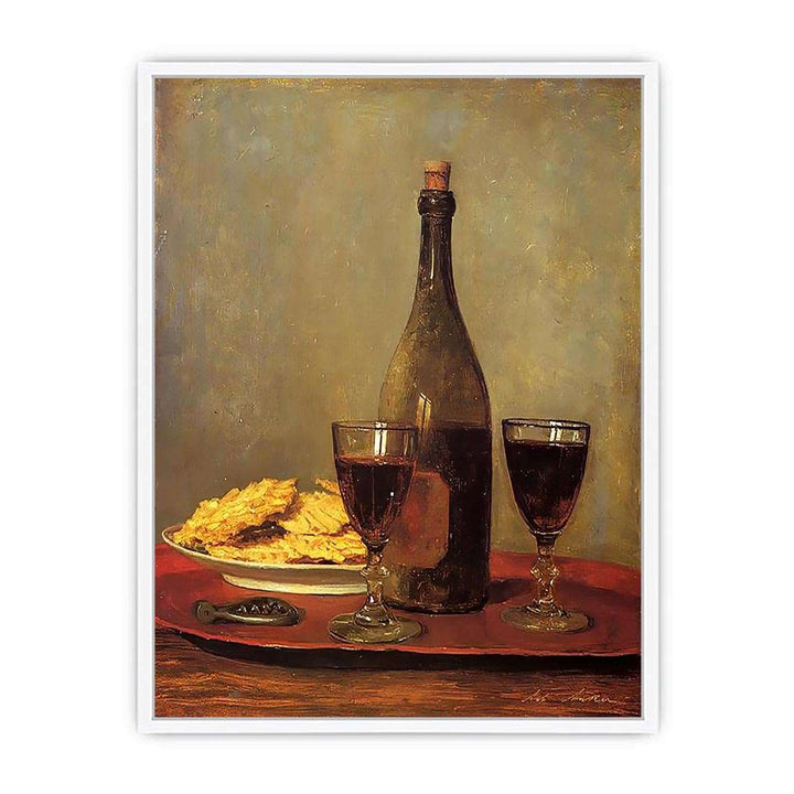 Still Life: Two Glass of Red Wine, a Bottle of Wine; a Corkscrew and a Plate of Biscuits on a Tray Framed Print