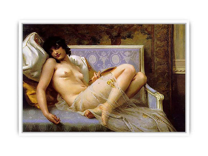 Jeune femme denudée sur canape (Young woman naked on a settee) Framed Print