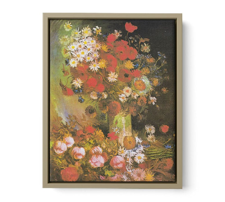 Vase with cornflowers and poppies, peonies and chrysanthemums framed Print