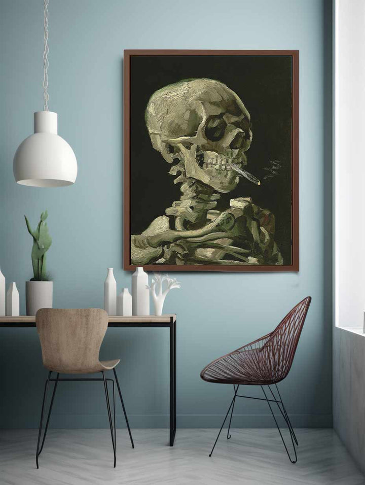 Head of a skeleton with a burning cigarette, Art Print