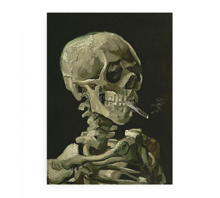 Head of a skeleton with a burning cigarette,
