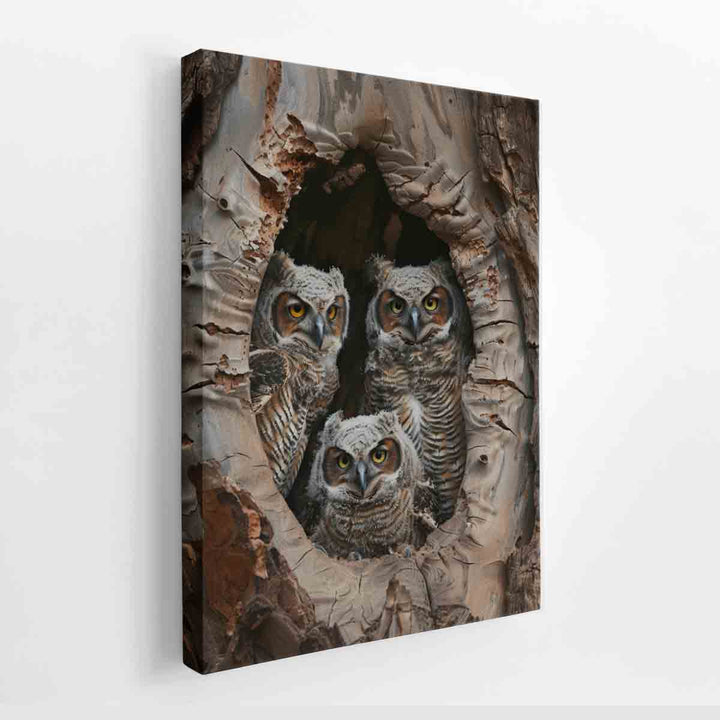 Baby Owls InThe Hollow Tree. canvas Print