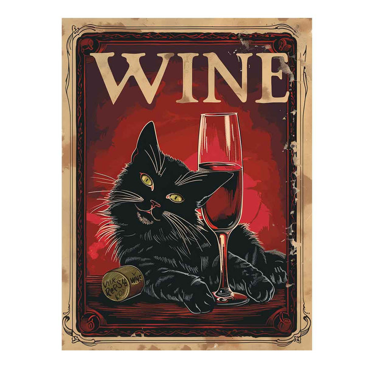 Vintage Poster Of A Black Cat With A Red Wine Art Print