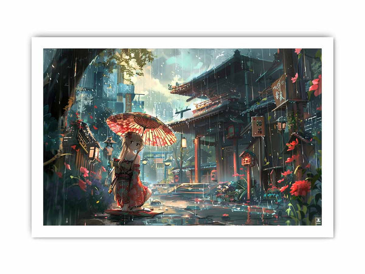 Anime in Rain  Art framed Print