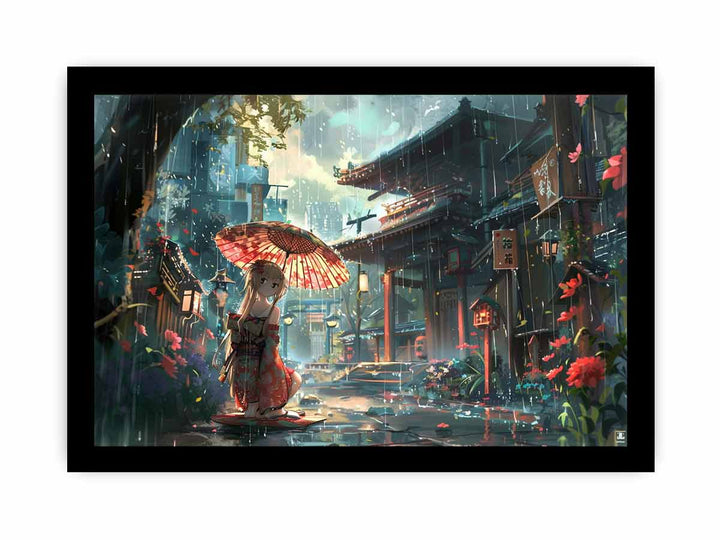 Anime in Rain  Art framed Print