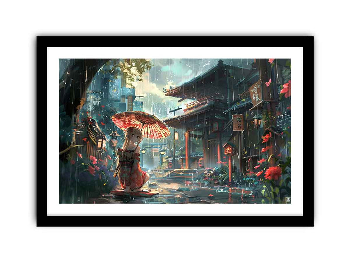 Anime in Rain  Art framed Print