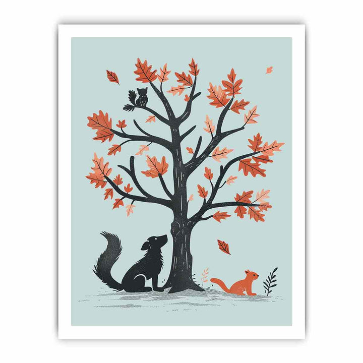 oak tree & animals Art framed Print