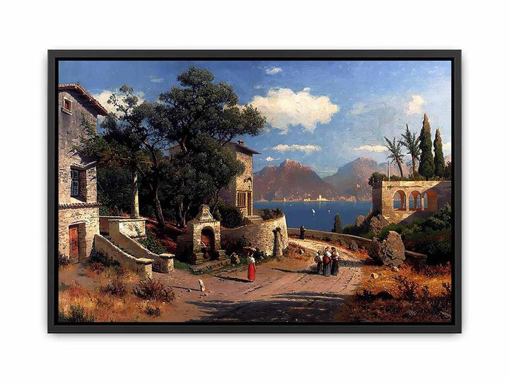 An Italian Village By A Lake  Painting