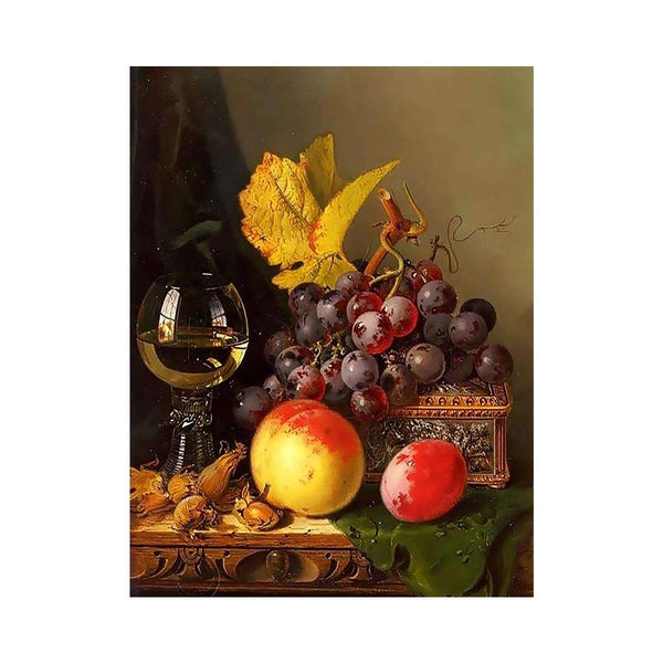 A Still Life of Black Grapes, a Peach, a Plum, Hazelnuts, a Metal Casket and a Wine Glass on a Carved Wooden Ledge
