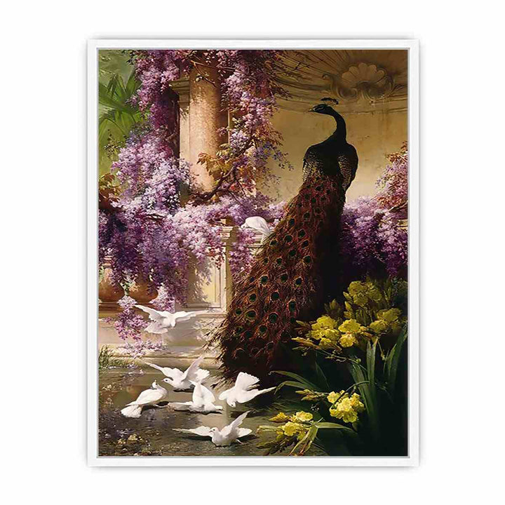 A Peacock and Doves in a Garden Framed Print