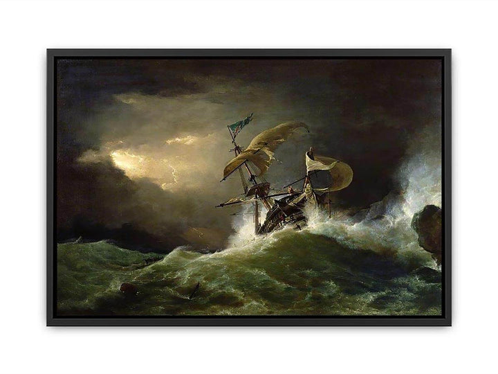 A First rate Man-of-War driven onto a reef of rocks, floundering in a gale  Painting