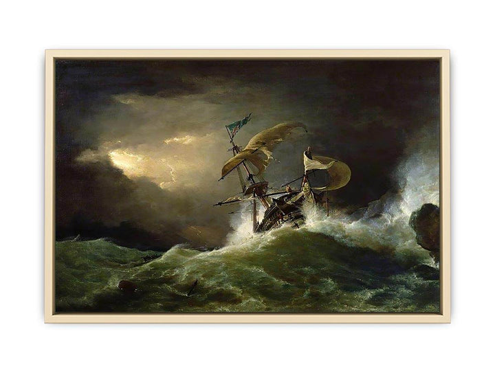 A First rate Man-of-War driven onto a reef of rocks, floundering in a gale  Art Print