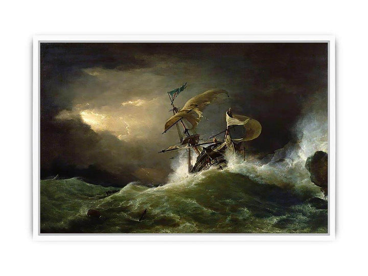 A First rate Man-of-War driven onto a reef of rocks, floundering in a gale Framed Print