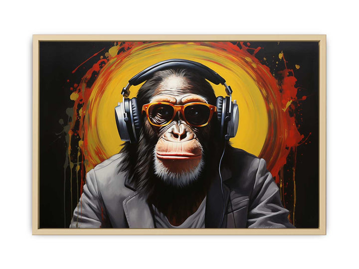 Modern Black Monkey HeadPhone Art Painting Framed Print