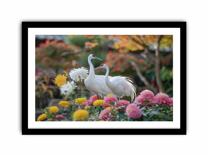 Cranes and Chrysanthemums  Art Print