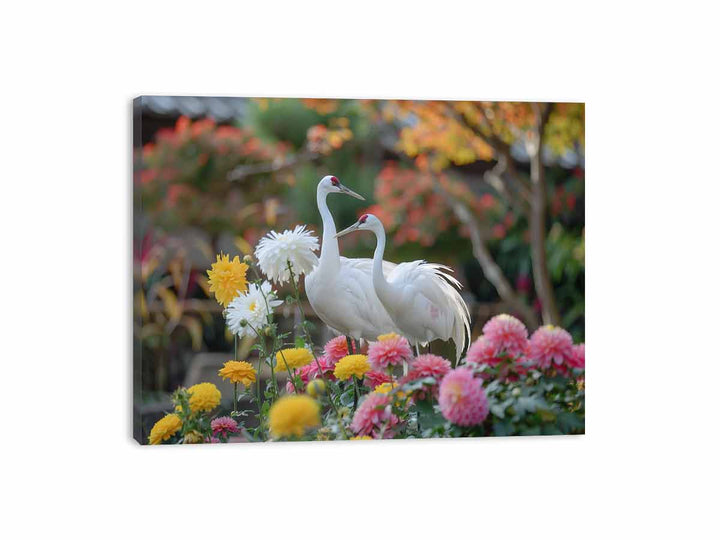 Cranes and Chrysanthemums Canvas Print