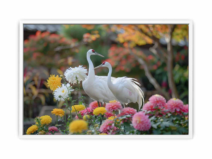 Cranes and Chrysanthemums Framed Print