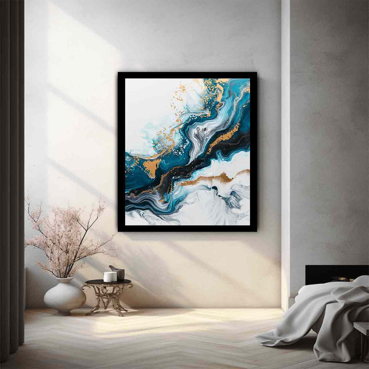 Blue Gold  Waves Painting  